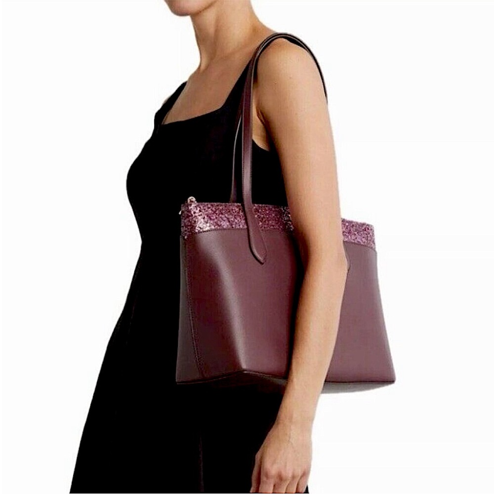 Kate Spade Flash Glitter Large Leather Satchel Tote Cherrywood Burgundy Sparkle